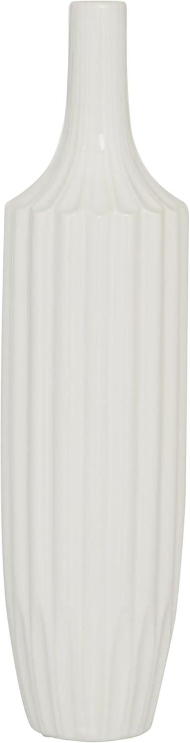 DecMode Modern Ceramic Tall White Decorative Vase with Vertical Groove Pattern 5"W x 19"H