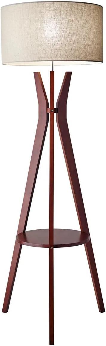 Walnut Finish Tripod Floor Lamp with Linen Shade and Shelf