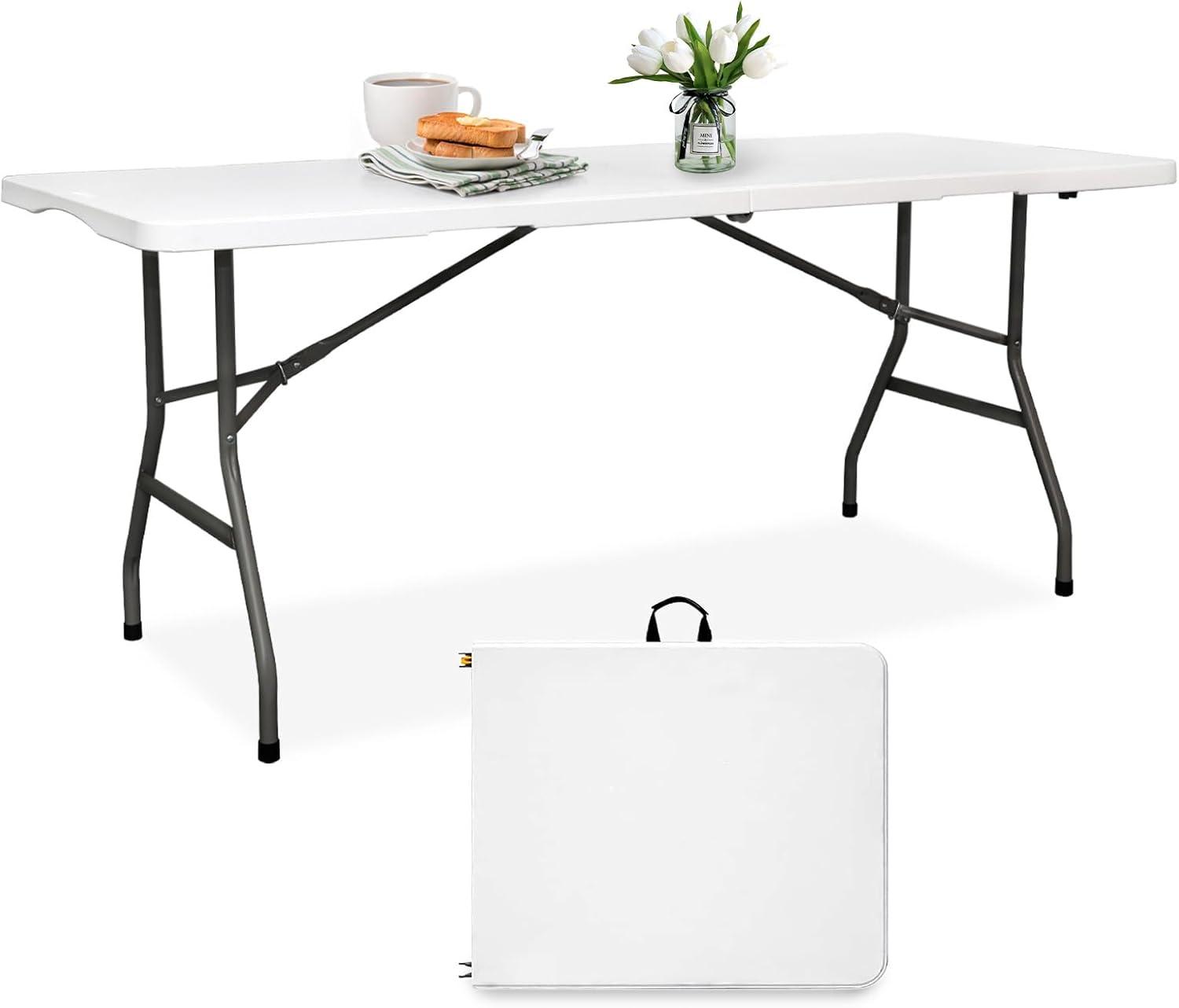 6-Foot White HDPE Foldable Dining Table with Alloy Steel Legs