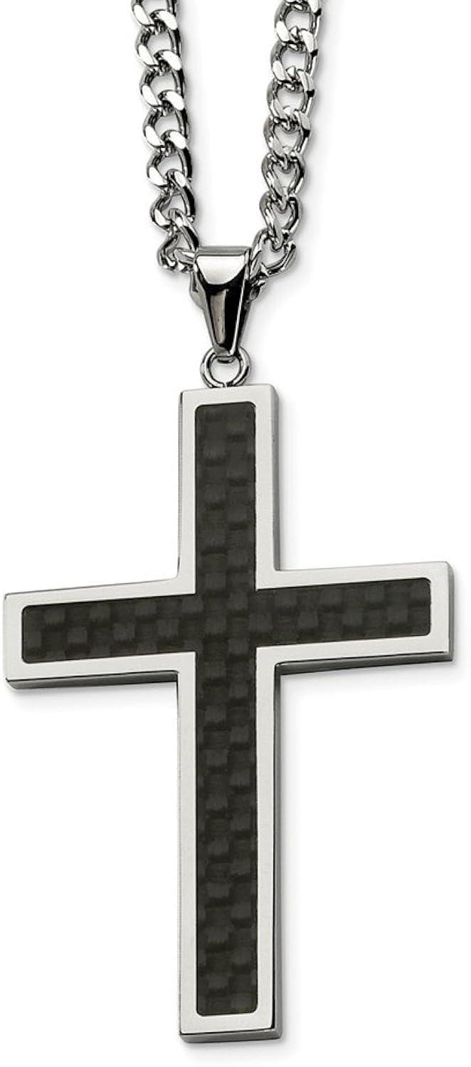 Black Bow Jewelry Men's Stainless Steel & Blk Carbon Fiber Large Cross Necklace, 24 Inch