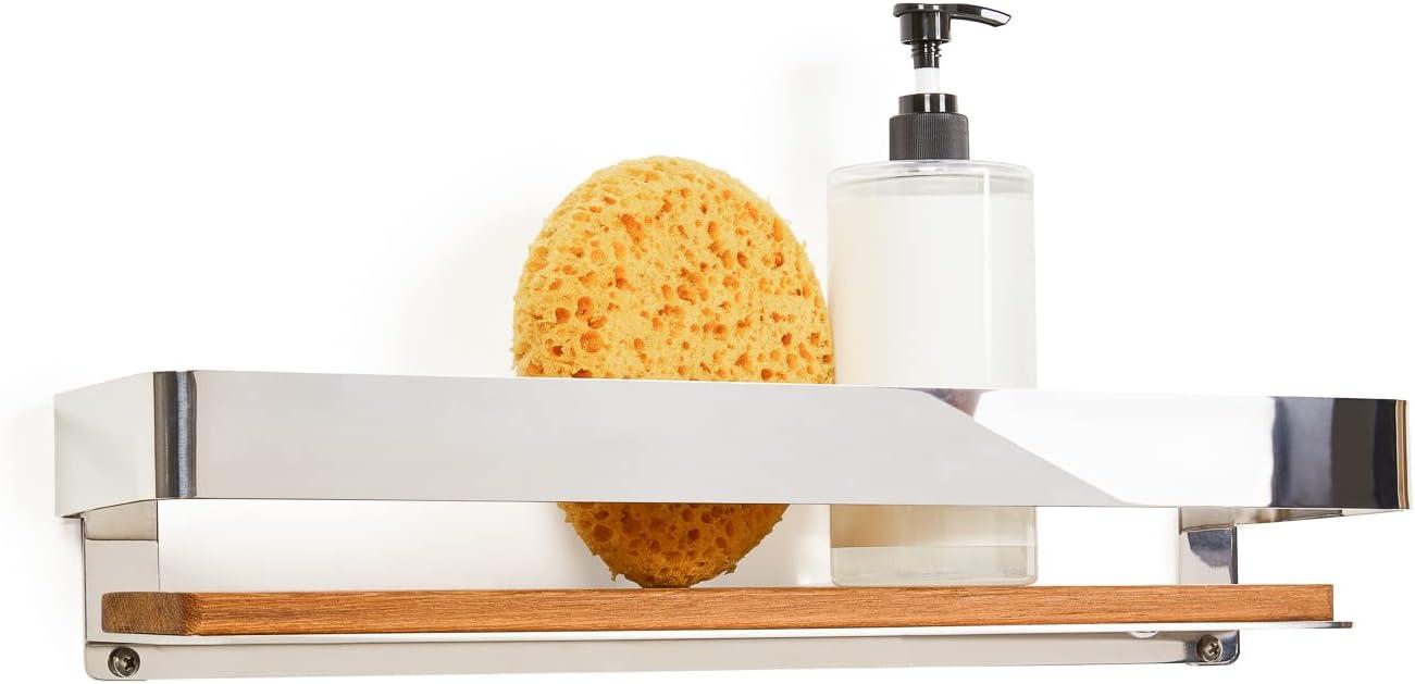 Floating Rectangular Shower Shelf with Rail in a Polished Finish and Natural Teak Wood Insert
