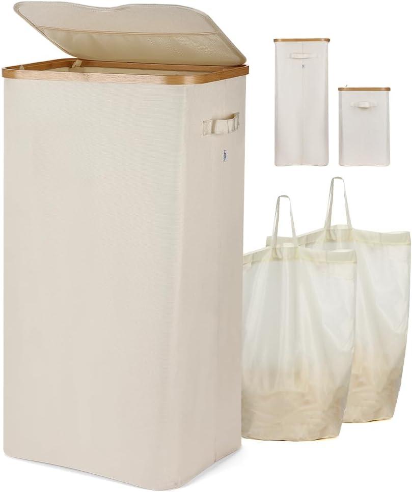 100L Beige Bamboo and Oxford Collapsible Laundry Hamper with Lid