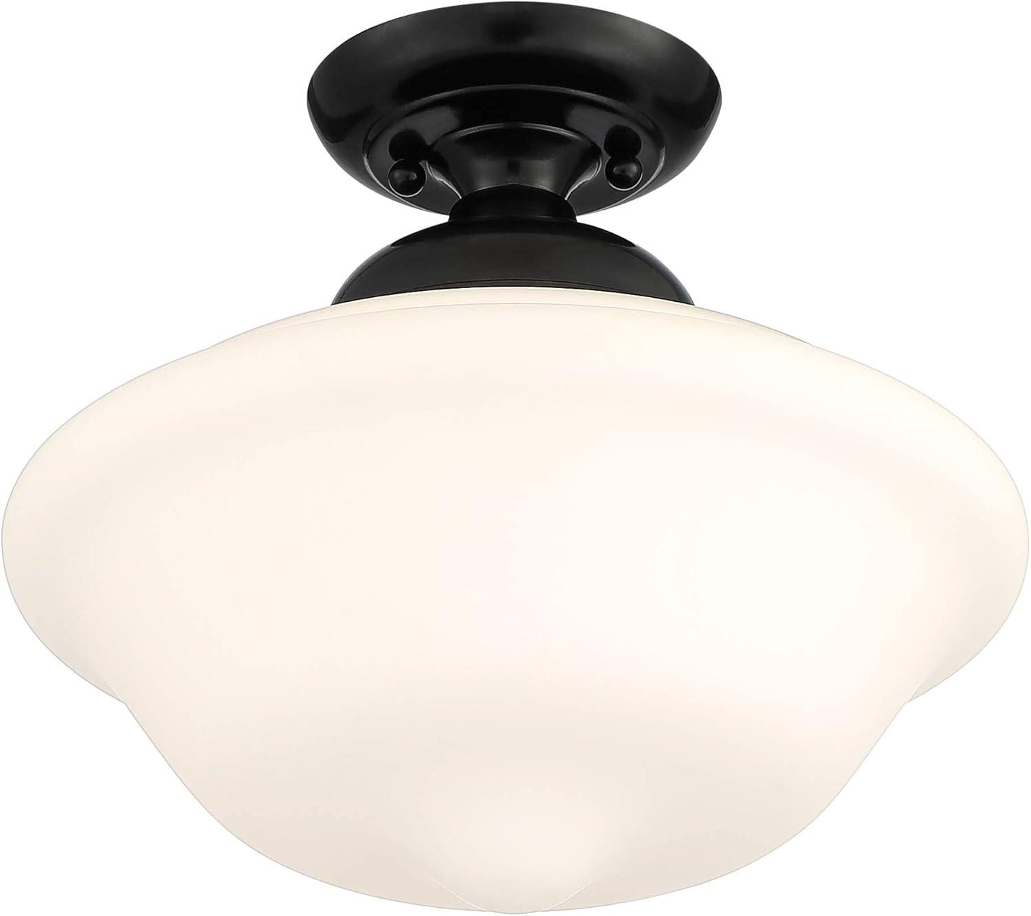 Regency Hill Vintage Rustic Farmhouse Ceiling Light Semi Flush Mount Fixture 13" Wide Gloss Black Flush White Glass Shade for Bedroom Living Room