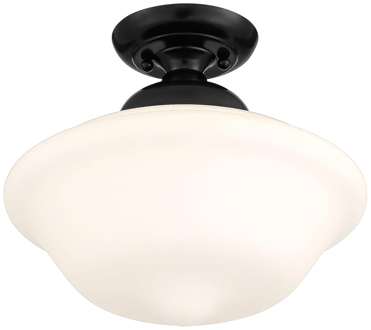 Regency Hill Vintage Rustic Farmhouse Ceiling Light Semi Flush Mount Fixture 13" Wide Gloss Black Flush White Glass Shade for Bedroom Living Room