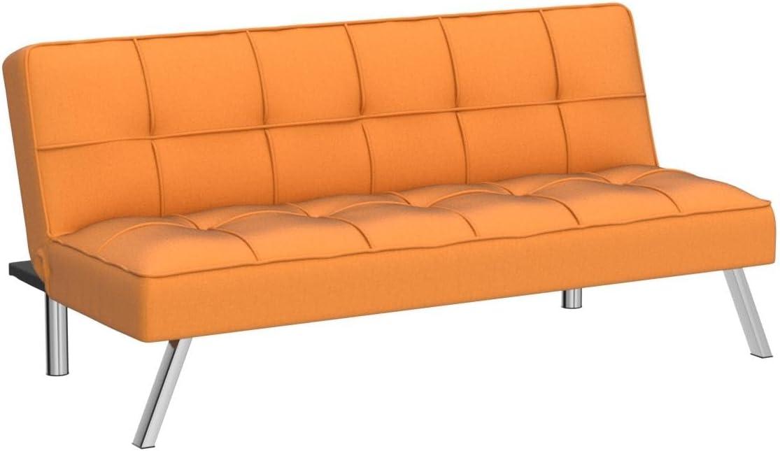 Modern Futon Sofa Bed - Compact Design for Small Spaces - Convertible Futon with Linen Fabric for Premium Comfort - Ideal Guest Couch - Stylish & Durable, Supports up to 750 lbs. - Tangerine