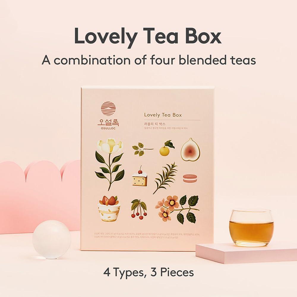 OSULLOC Lovely Tea Gift Box Set (12 count, 4 flavors x 3 EA) | Premium Blended Tea from Jeju | Korean Tea Sampler | Fruit Tea Variety Pack | Pyramid Tea Bag Series