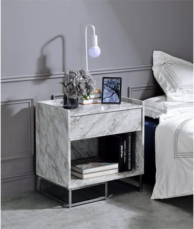 Ergode Accent Table White Printed Faux Marble & Chrome Finish