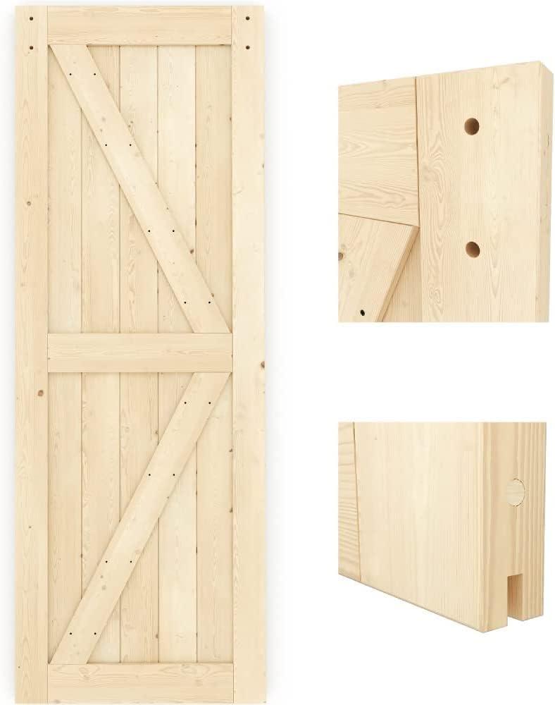 Hassch 30"x84" Unfinished Sliding Barn Door, K Frame, Natural Solid Spruce Wood, Requires Simple DIY Assembly