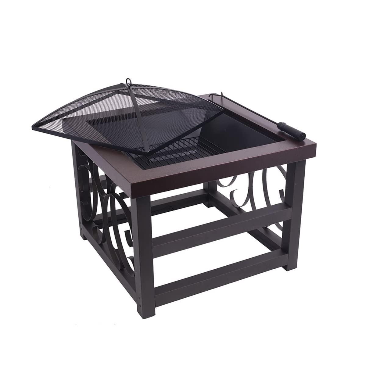 Blue Sky Outdoor Living 28” Square Raised Scroll Fire Pit with Log Grate, Spark Screen, and Lift, Tabletop-Style Steel Fire Pit, Bronze
