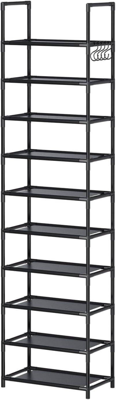 10 Tier Metal Shoes Rack, BUG HULL Narrow Stackable Shoes Shelf with Hooks, Shoe Tower for 20-24 Pairs Shoe and Boots Organizer, Black