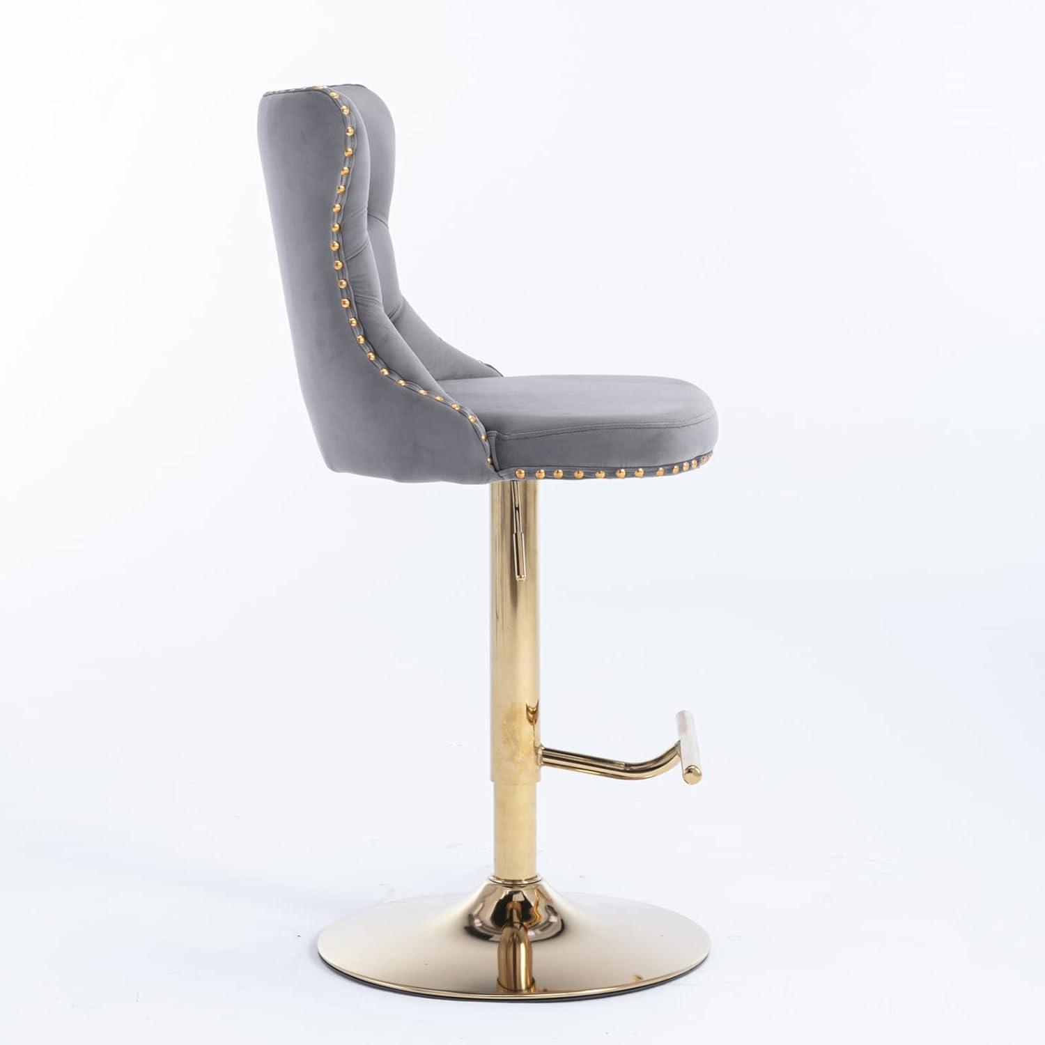 Gray Velvet Adjustable Swivel Bar Stools with Gold Metal Base