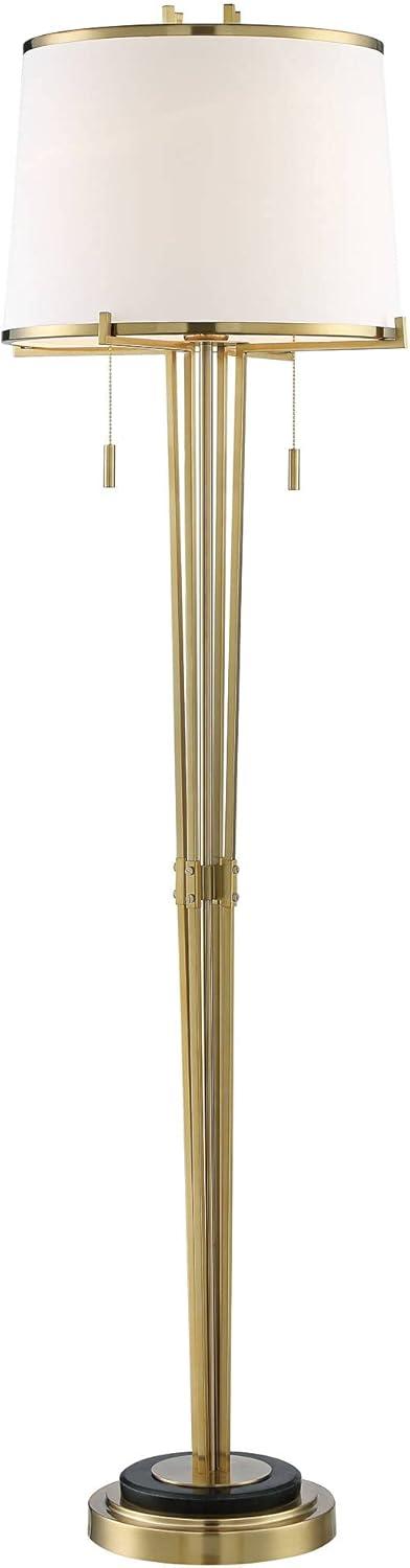 Possini Euro Design Palisade Modern Floor Lamp 64" Tall Satin Brass Metal Trimmed Fabric Tapered Drum Shade for Living Room Bedroom Office House Home