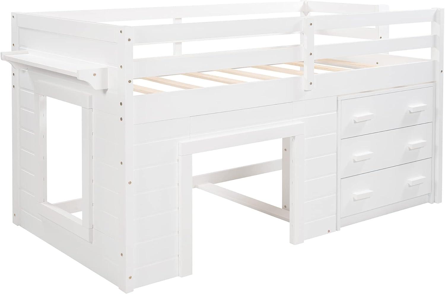 Harper & Bright Designs Low Loft Beds with Storage Drawers, Wooden Twin Loft Bed with Cabinet and Bedside Tray, Kids Loft Bed for Girls & Boys (Twin, White)