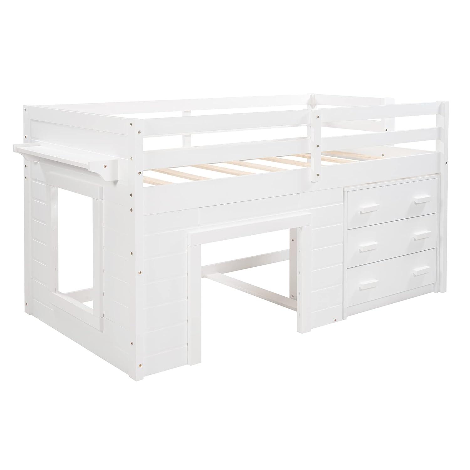 Harper & Bright Designs Low Loft Beds with Storage Drawers, Wooden Twin Loft Bed with Cabinet and Bedside Tray, Kids Loft Bed for Girls & Boys (Twin, White)