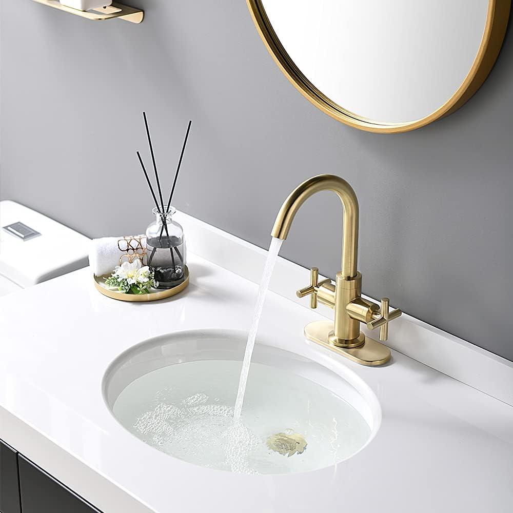 Brushed Gold 2-Handle Low-Arc Bathroom Faucet with Drain