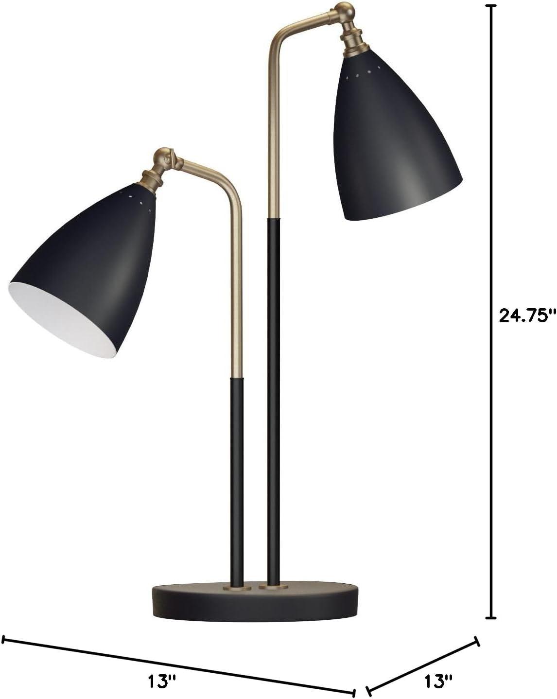 Adjustable Black Metal Two-Light Table Lamp with Brass Accents