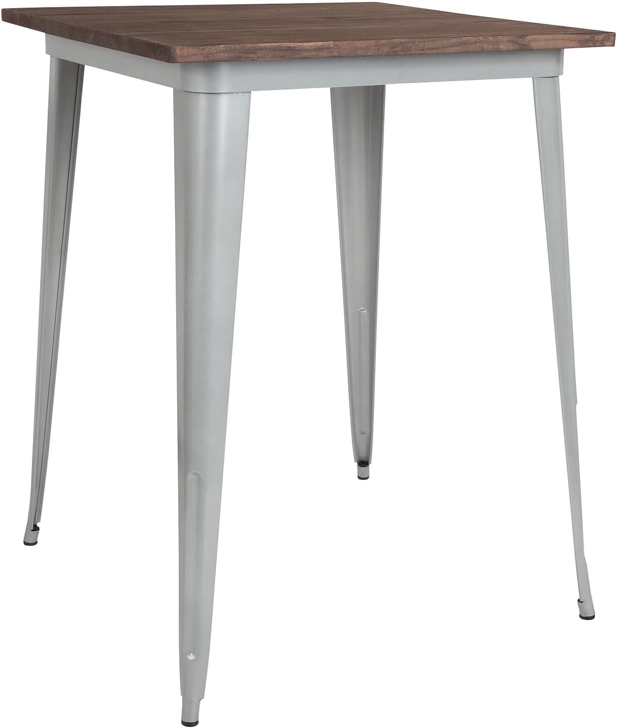 Flash Furniture 31.5" Square Silver Metal Indoor Bar Height Table with Walnut Rustic Wood Top