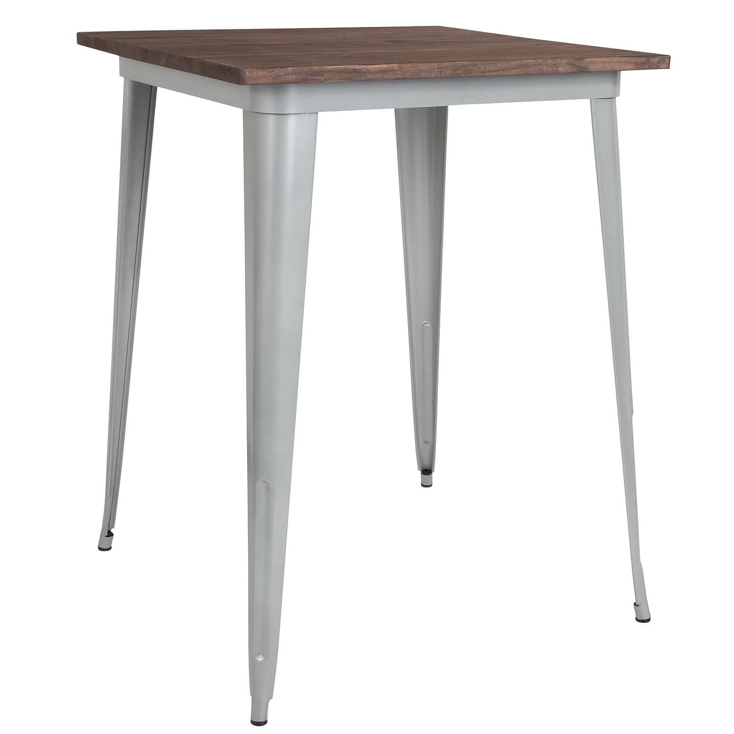 Flash Furniture 31.5" Square Silver Metal Indoor Bar Height Table with Walnut Rustic Wood Top