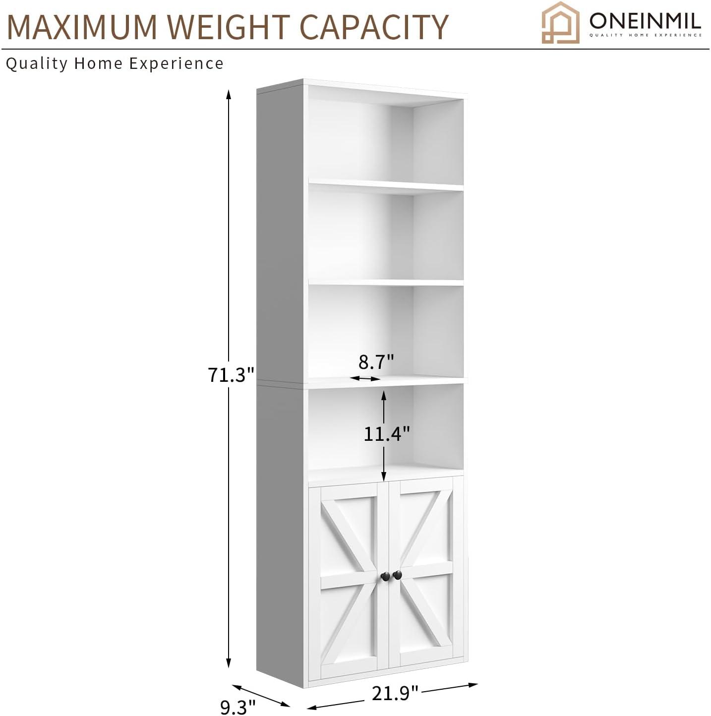 Oneinmil 6 Tier Bookshelf and Bookcase, Set of 2, Bookshelves with Barn Cabinet Doors, Floor Bookshelves for Home Office, Living Room, White