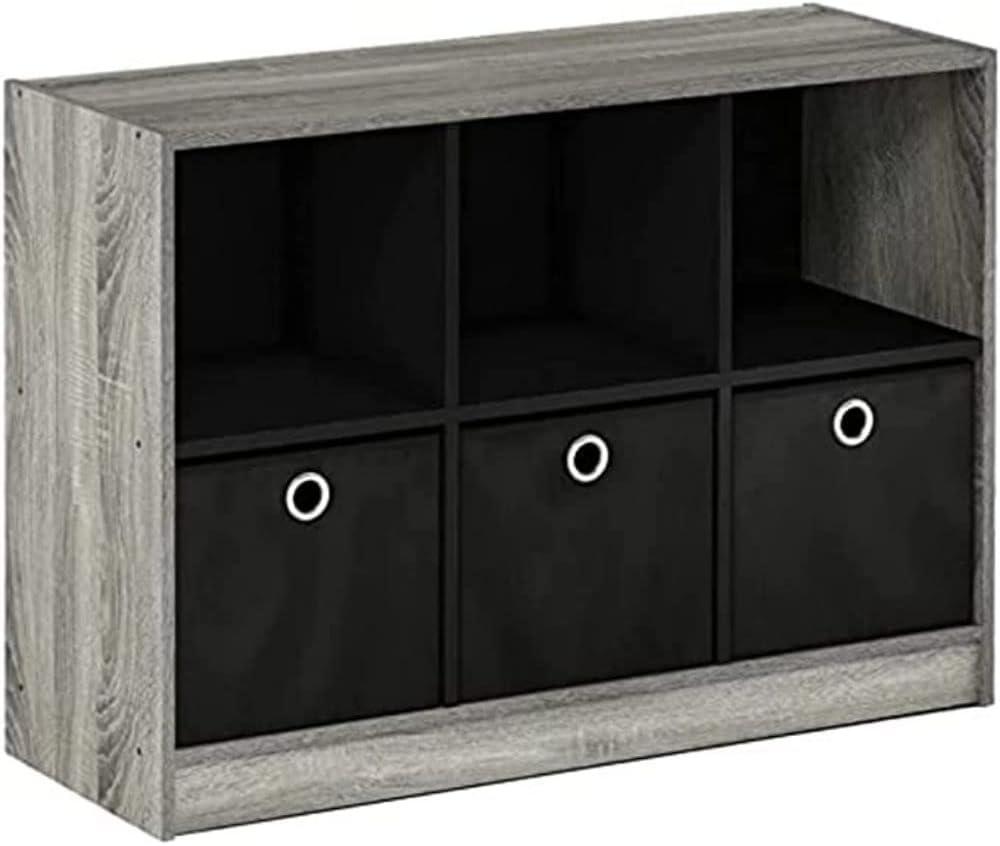 Gray Oak and Black 34" Modern Bookcase with Fabric Drawers