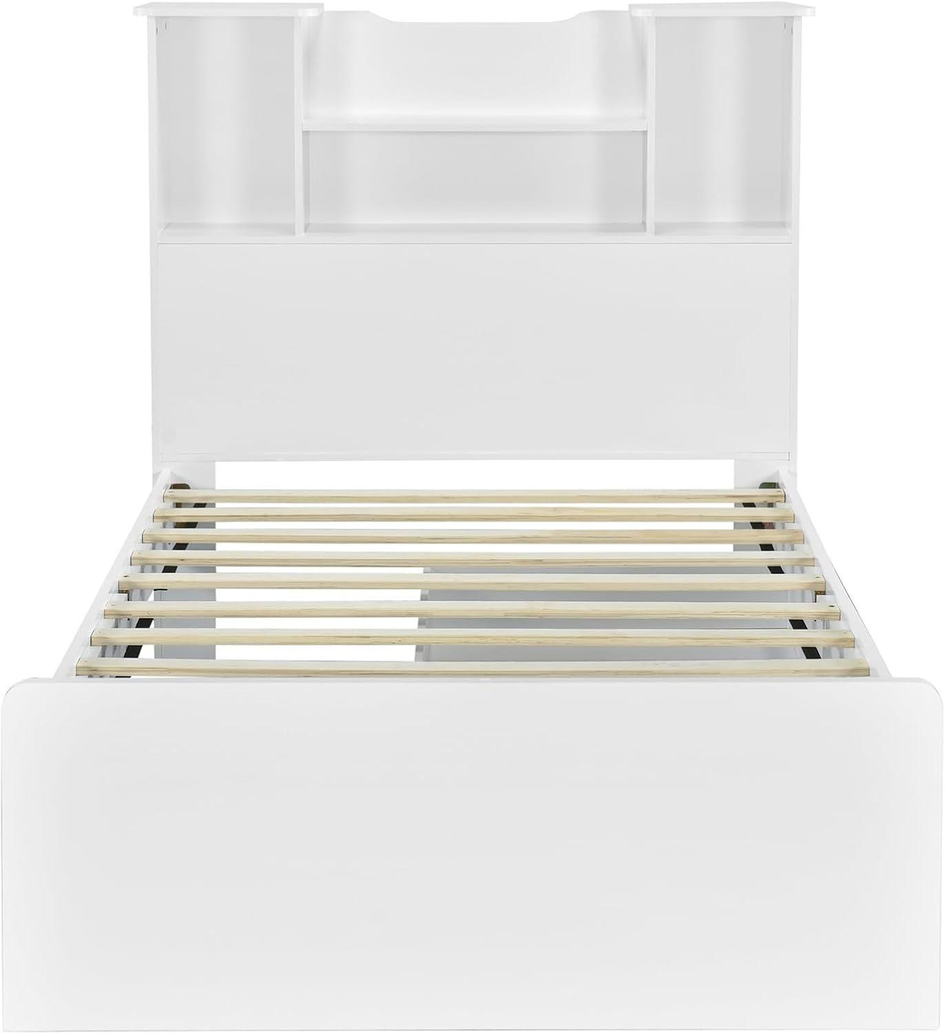 Harper & Bright Designs Twin Size Bed with Storage Headboard and Drawers, Solid Wood Twin Platform Bed Frame with 2 Drawers, 4 Shelves and LED Light, No Box Spring Needed - White