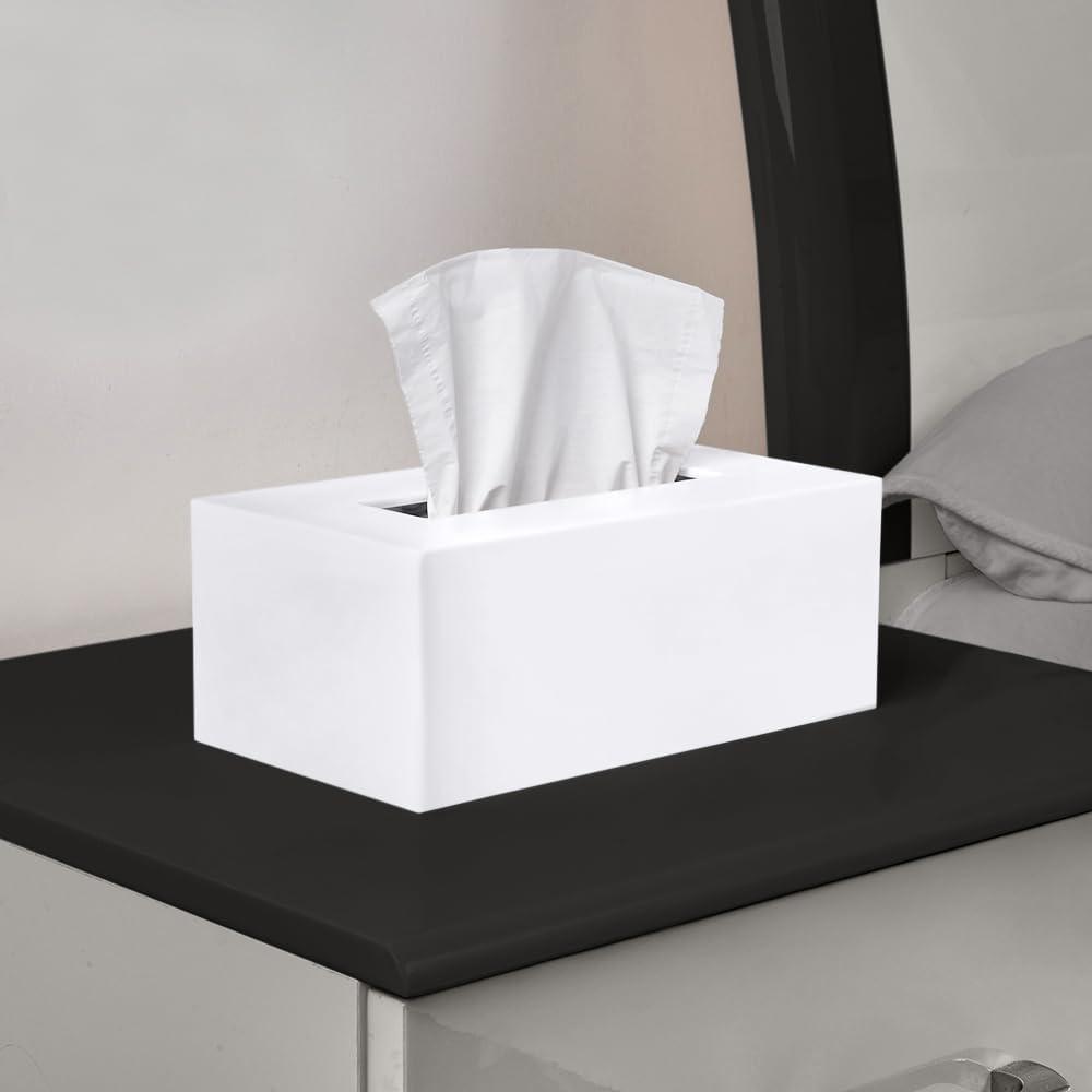 White Tissue Box Cover Square - Plastic Facial Tissue Box Holder - Decorative Cube Tissue Holder Dispenser Fits Any Vanity Countertop, Bedroom Dresser, Office, Bathroom Decor C33