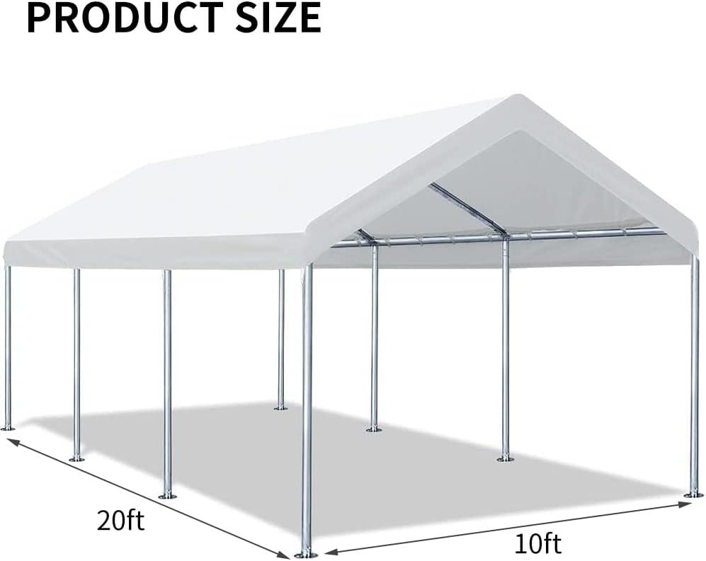 White 10'x20' PE Carport Replacement Canopy Cover with Bungees