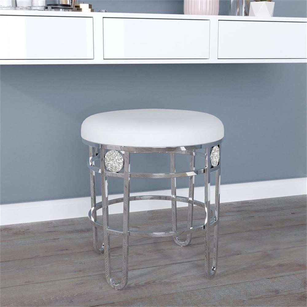 Hillsdale Dessa 18" Faux Leather & Metal Vanity Stool in White/Silver Chrome