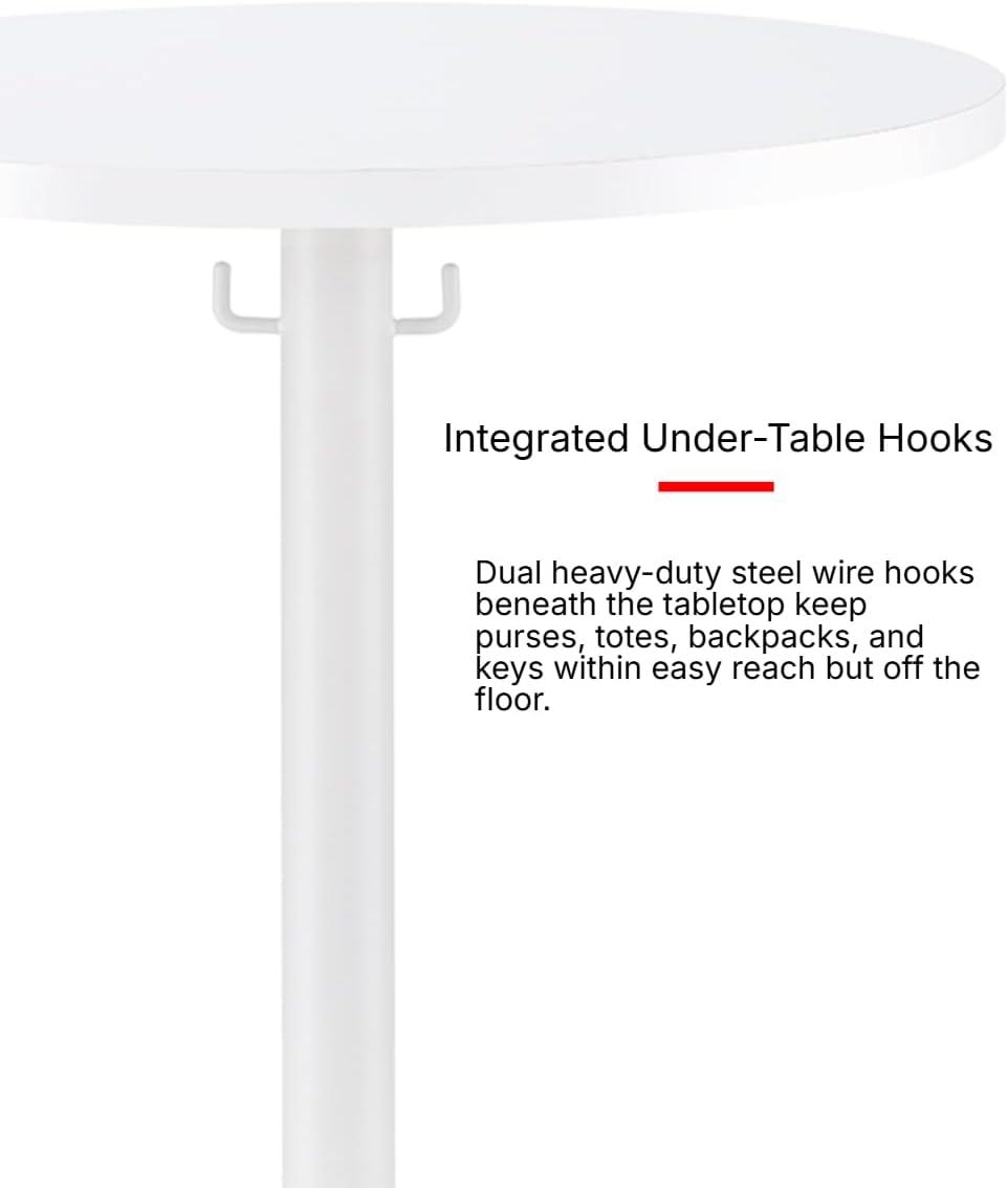 Proman Products Cava Round Solid Wood Coffee Table with Metal Base and Hooks for Bags Purses, White