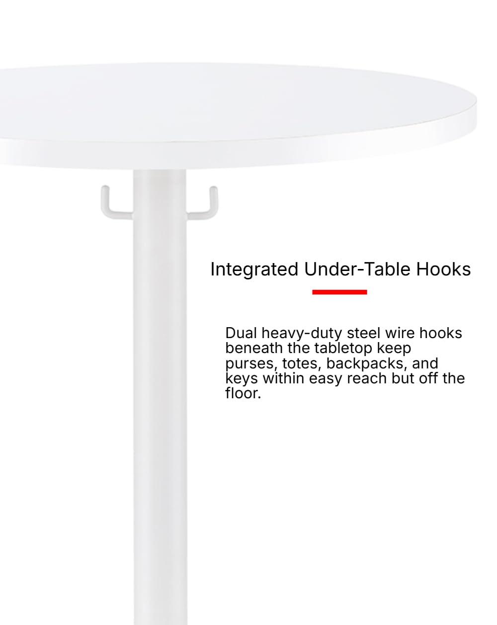 Proman Products Cava Round Solid Wood Coffee Table with Metal Base and Hooks for Bags Purses, White