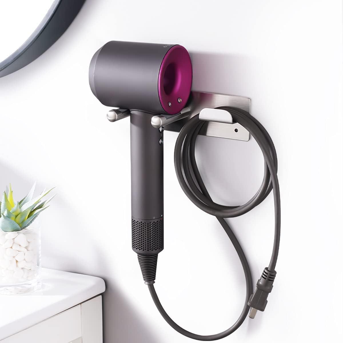 Hair Dryer Holder Wall Mount Compatible with Hair Dryer, 304 Stainless Steel Hair Dryer Blow Diffuser Holder Organizer Adhesive for The Bathroom, Silver