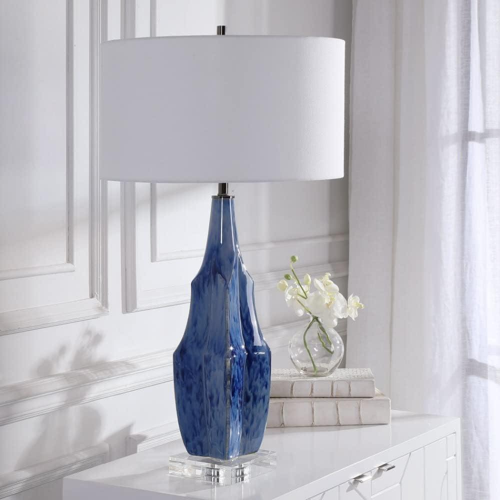 Indigo Blue Ceramic Table Lamp with White Linen Shade