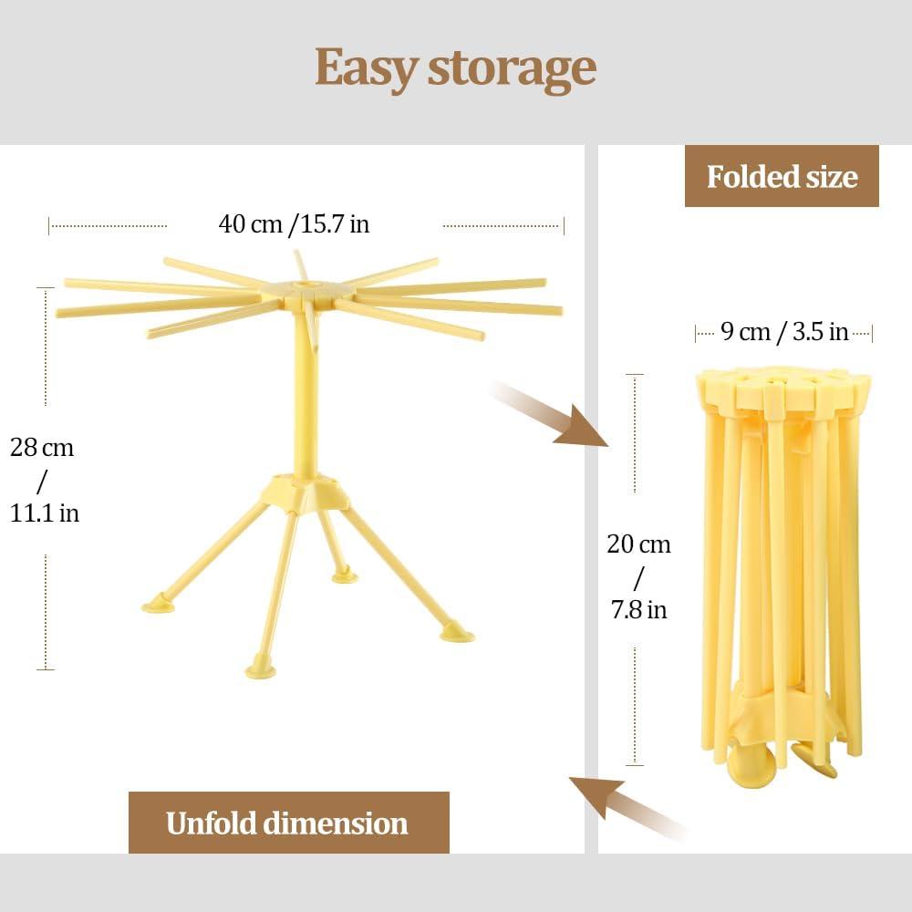 Foldable Pasta Drying Rack, Plastic Collapsible Spaghetti Hanger Noodle Dryer Stand with 10 Bar Handles for Homemade Fresh Pasta, Stable, Easy Storage, Quickly Set Up (Yellow)