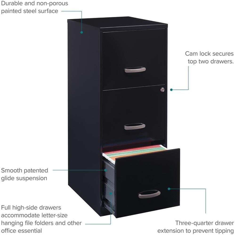 Sleek Black Metal 3-Drawer Lockable File Cabinet for Home Office