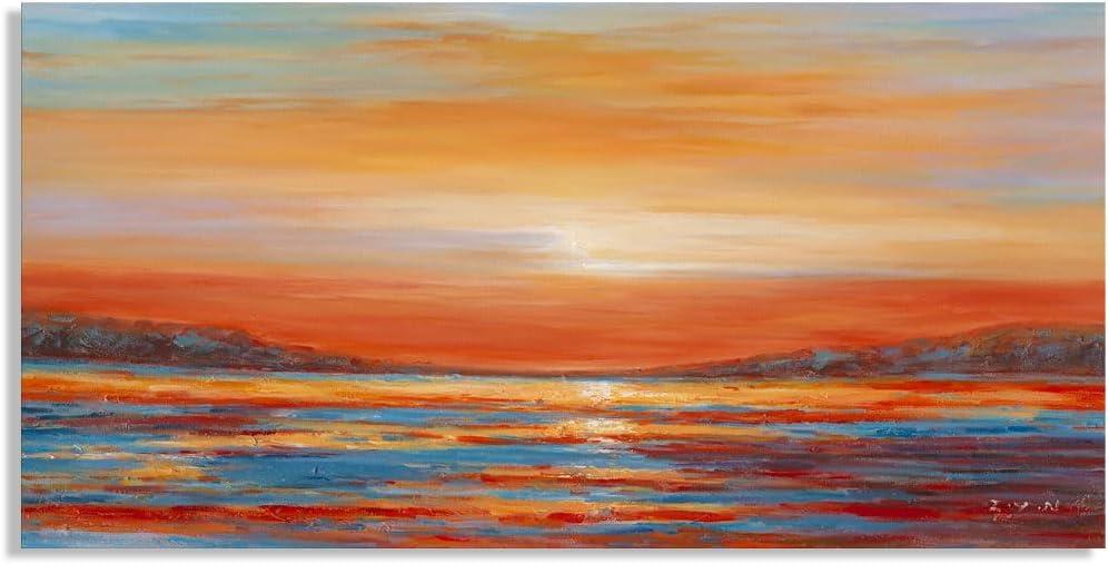 ONETECH Colorful Ocean Sunset Abstract Beach Wall Art for Living Room Orange Red Warm Sunrise Artwork Bathroom Wall Decor Large Beach Posters Picture over the Bed - 20x16 Inch