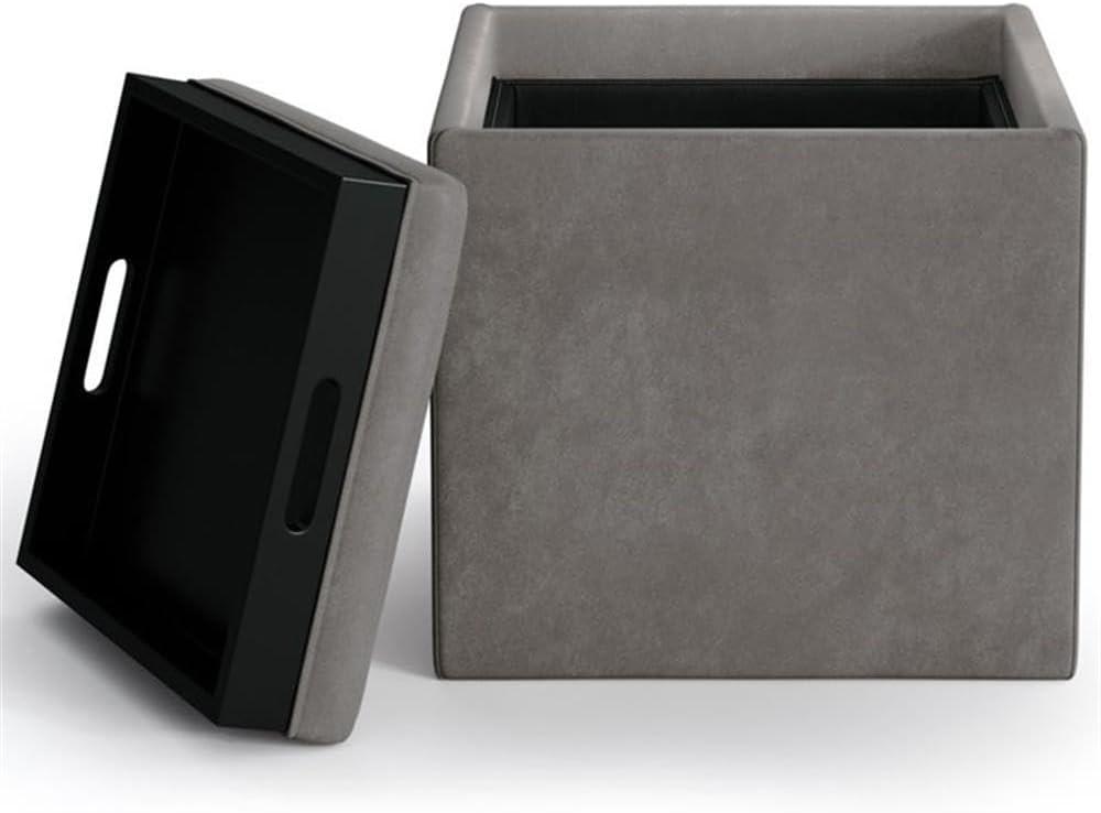 Simpli Home Rockwood Square Faux Leather Storage Ottoman With Tray in Slate Gray