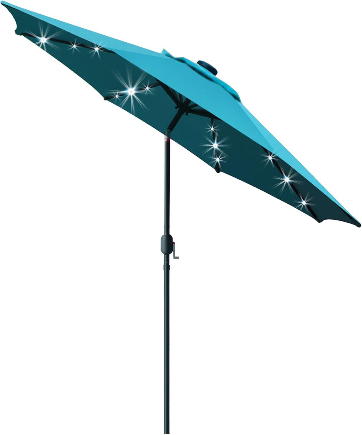 Teal Blue 9' Solar LED Lighted Patio Umbrella with Crank Lift and Tilt