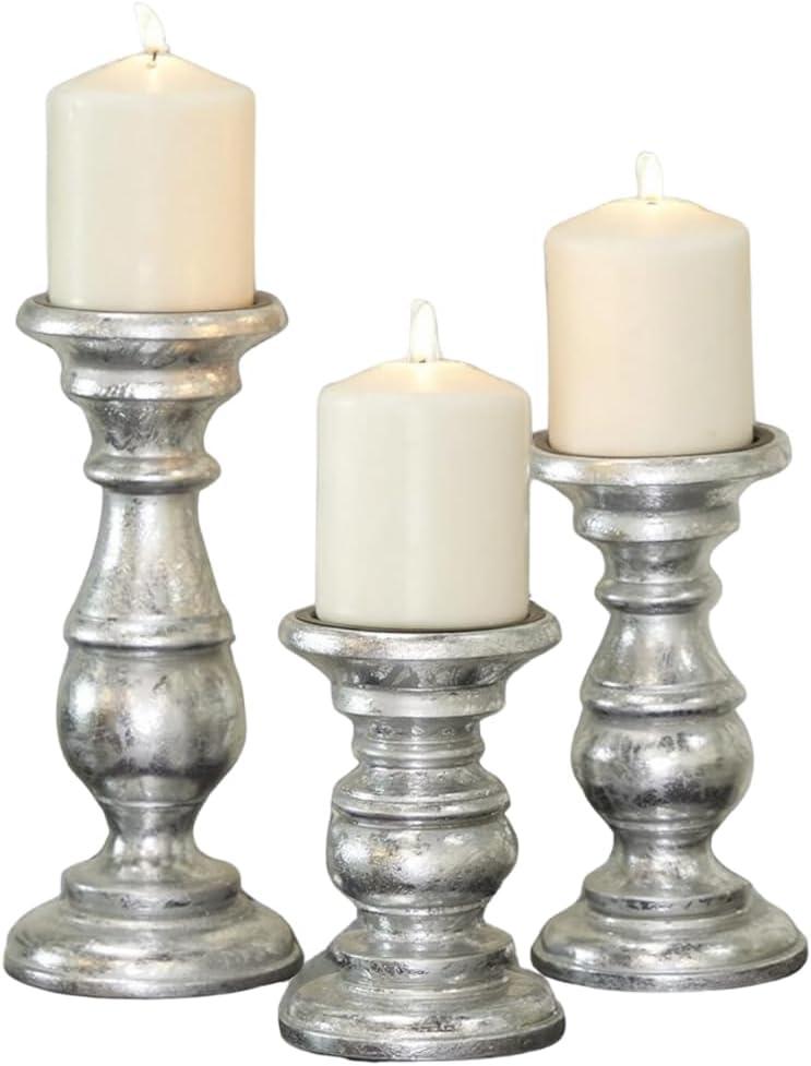 AULIYA Wooden Candle Holders Pillar Candles Holder Rustic Wood Stand Decorative Polish Candlestick Set of 3 for Home Decor - 6" 8" 10" Silver