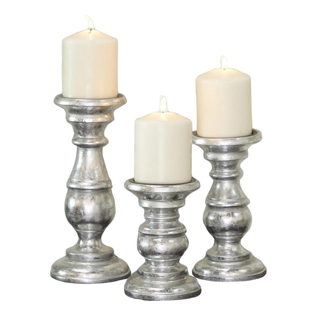 AULIYA Wooden Candle Holders Pillar Candles Holder Rustic Wood Stand Decorative Polish Candlestick Set of 3 for Home Decor - 6" 8" 10" Silver
