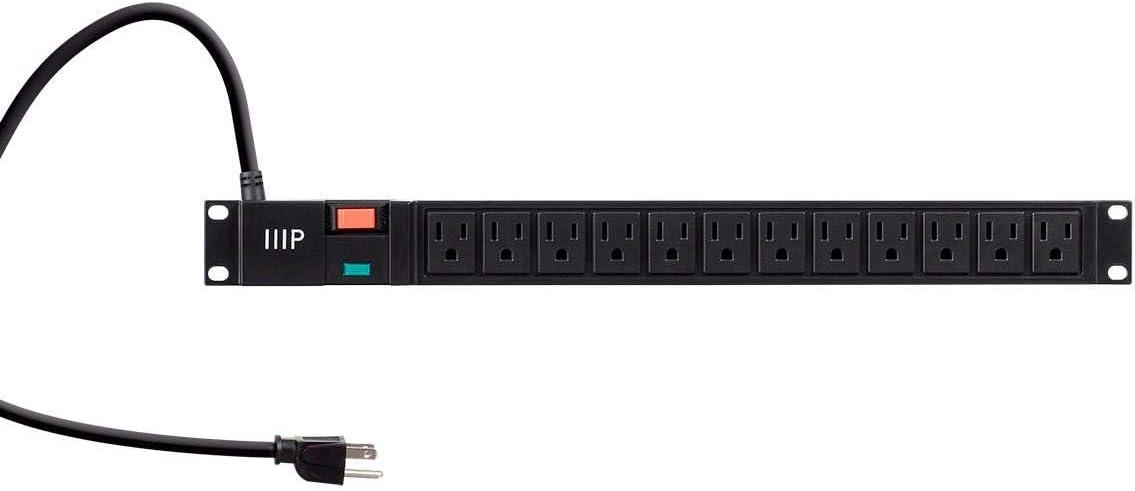 Monoprice 12 Outlet ABS Basic 1U Rackmount Power Distribution Unit - 6 Feet Cord - Black | NEMA 5-15R Surge-Protected Socket Outlets, 1050 Joules