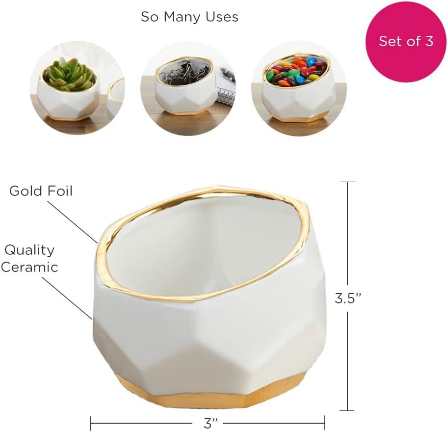 Small White and Gold Geometric Ceramic Planters Set