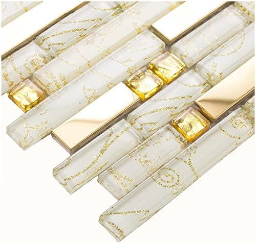 Glossy Gold and White Glass Metal Mosaic Wall Tile