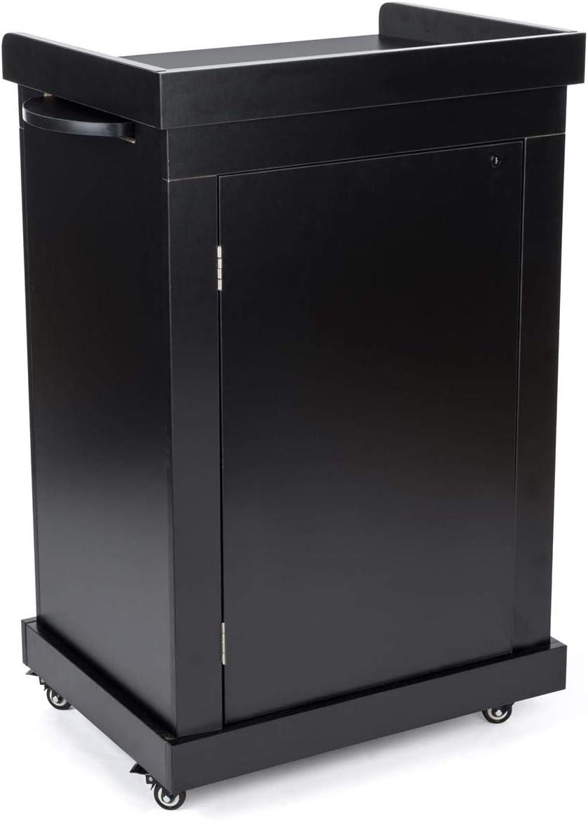 Black Rolling Podium with Adjustable Shelves and Locking Cabinets