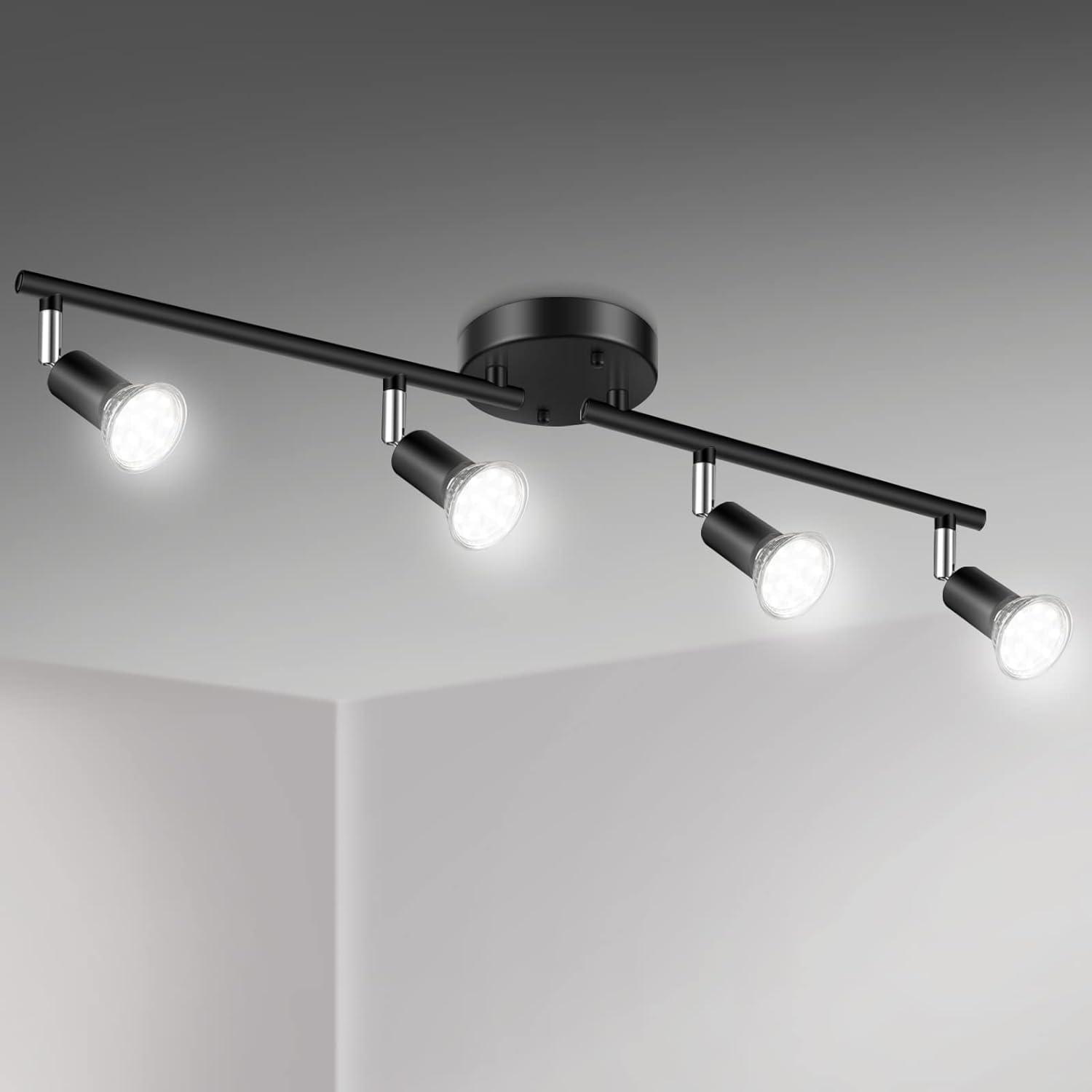 Track Lighting Fixtures, 4 Lights Ceiling Spotlight with Flexible Track Heads, Directional Lighting with GU10 Base for Kitchen, Hallway, Bedroom, Dining Room, Office (1 PC)