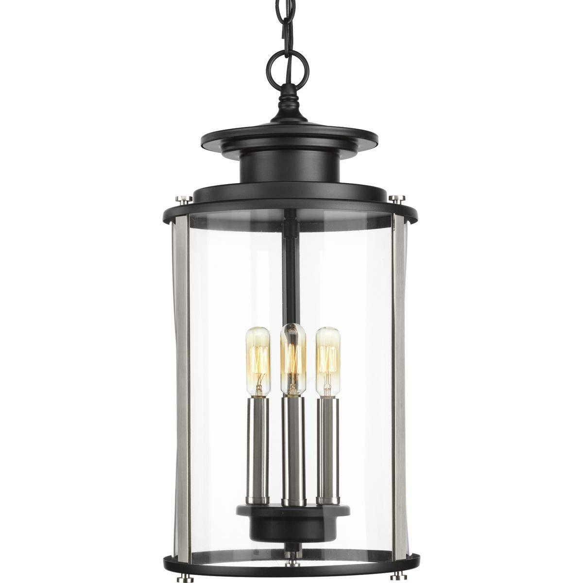 Progress Lighting Squire 3-Light Hanging Lantern, Steel, Black Finish, Clear Glass Shade