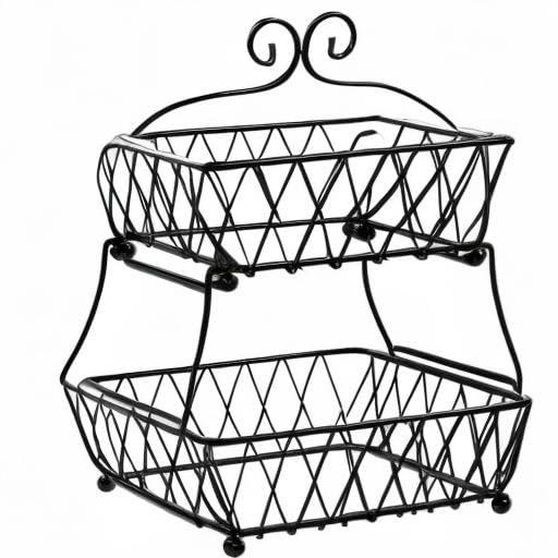 2-Tier Fruit Bread Basket Display Stand, Counter Storage for Kitchen, Bathroom, Rectangular Antique Metal