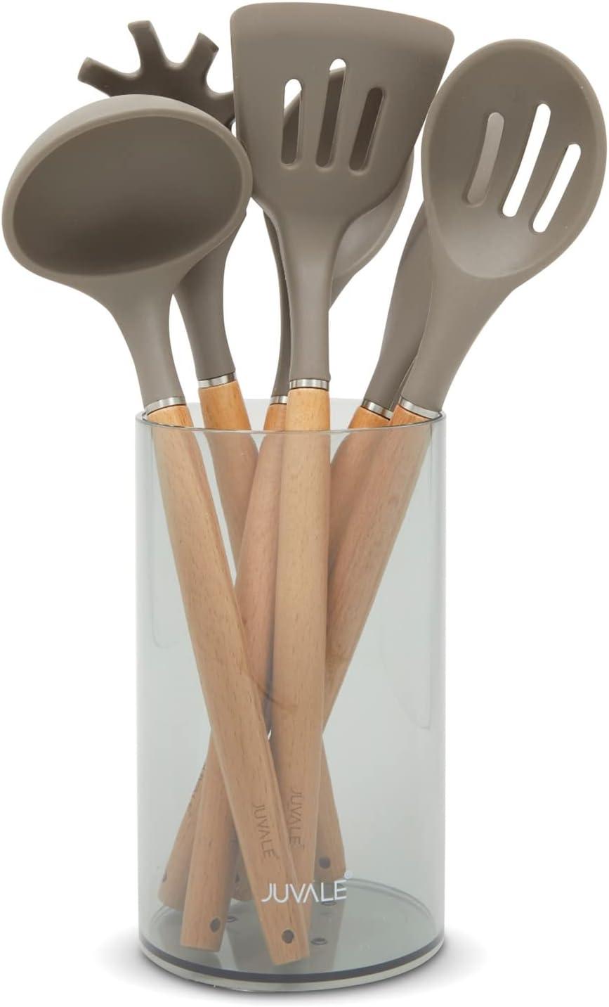 7-Piece Silicone and Bamboo Kitchen Utensils Set with Holder for Cooking, Virtually Non-Stick, with Ladle, Slotted Turner, Slotted Spoon, Serving Spoon, Pasta Server, Spatula, Scratch-Resistant