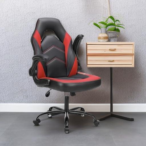 Domiluxe Ergonomic Computer Gaming Chair - Home Office Desk with PU Leather Lumbar Support,Height Adjustable with Flip-up Armrest,Swivel Wheels for Adults and Teens,Black＆Red