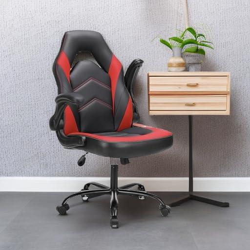 Domiluxe Ergonomic Computer Gaming Chair - Home Office Desk with PU Leather Lumbar Support,Height Adjustable with Flip-up Armrest,Swivel Wheels for Adults and Teens,Black＆Red
