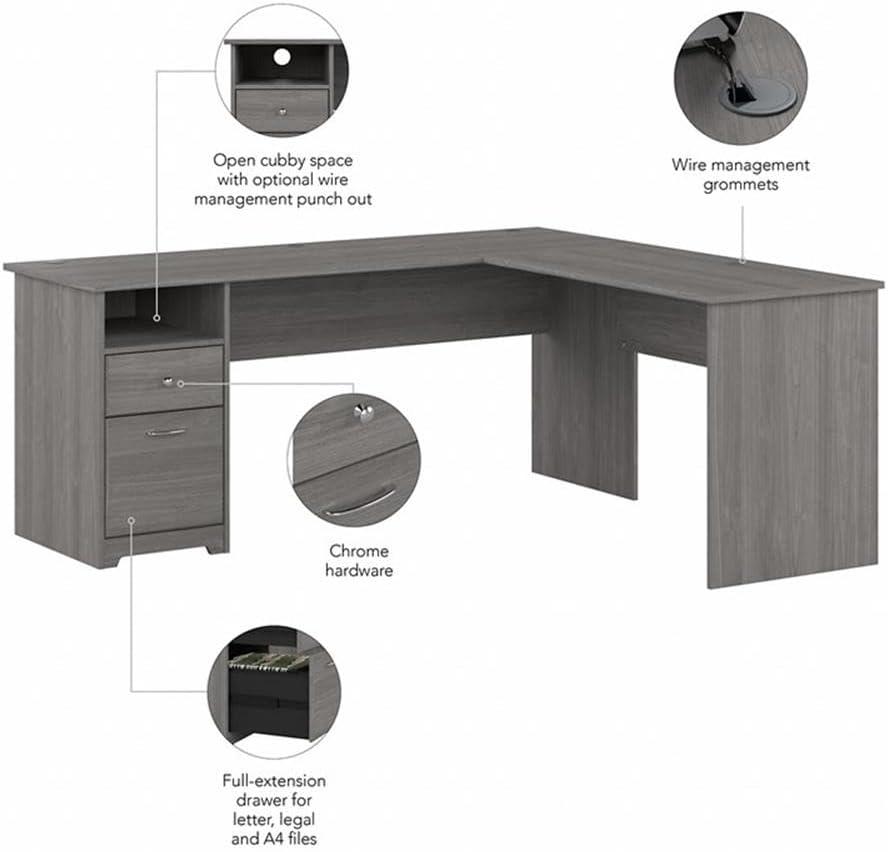 Cabot 72W L Shaped Computer Desk with Drawers in Modern Gray - Engineered Wood